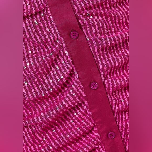In The Mood For Love Lina Hot Pink Barbie Sequin Ruched Button Up Mini Dress M - Picture 3 of 16